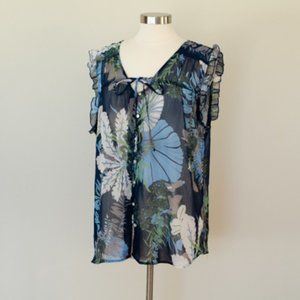Bobbie brooks Floral Tropical V neck ruffle sheer chiffon blouse 3X